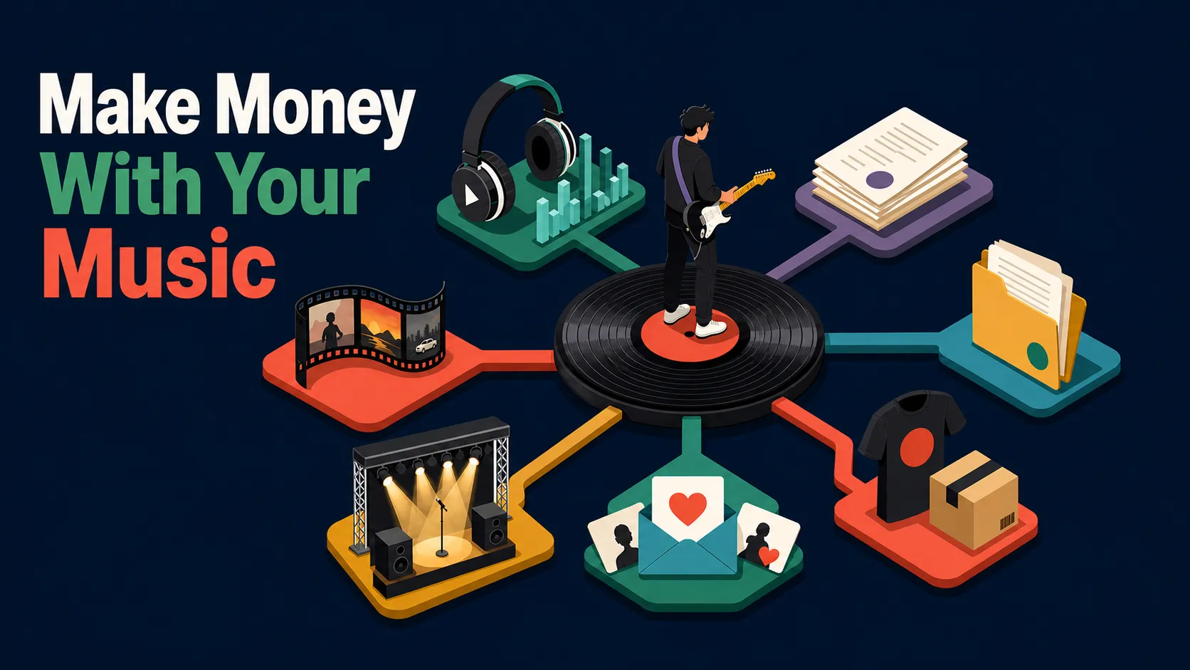 Flat isometric illustration of an independent musician connected to music income streams with the headline Make Money With Your Music.