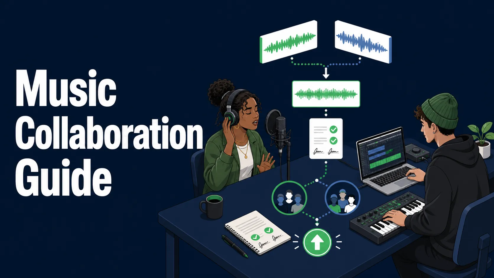 Flat isometric illustration of two artists combining song stems, signing an agreement, and connecting their audiences under the headline Music Collaboration Guide.