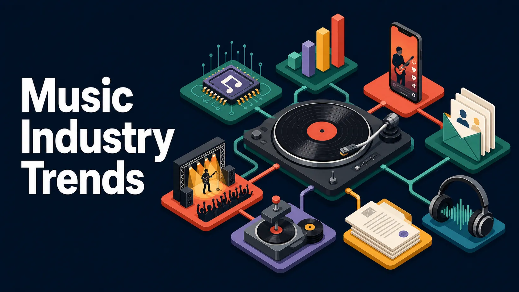 Flat isometric illustration of music industry trend signals with the headline Music Industry Trends.