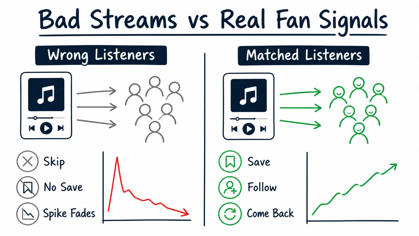 Doodle infographic titled Bad Streams vs Real Fan Signals, comparing wrong listeners who skip and do not save with matched listeners who save, follow, and come back.
