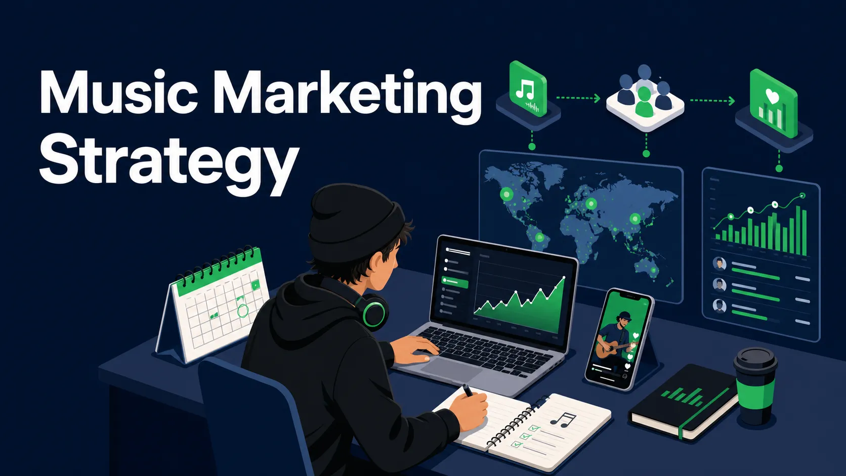 Flat isometric illustration of an independent artist planning a music marketing strategy with a release calendar, listener map, content phone, and growth dashboard.