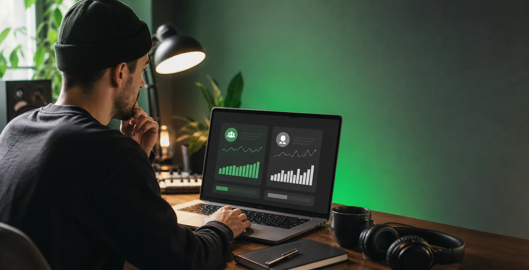 Artist reviewing Spotify followers and monthly listeners on a music analytics dashboard.