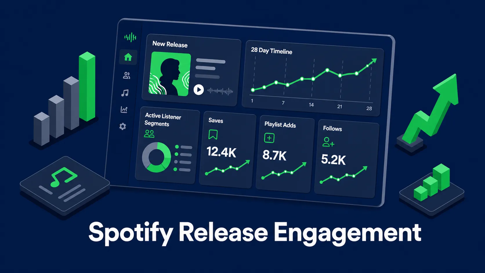 Flat isometric blog cover showing a Spotify style release engagement dashboard with a 28 day timeline, listener segments, saves, playlist adds, and follows.