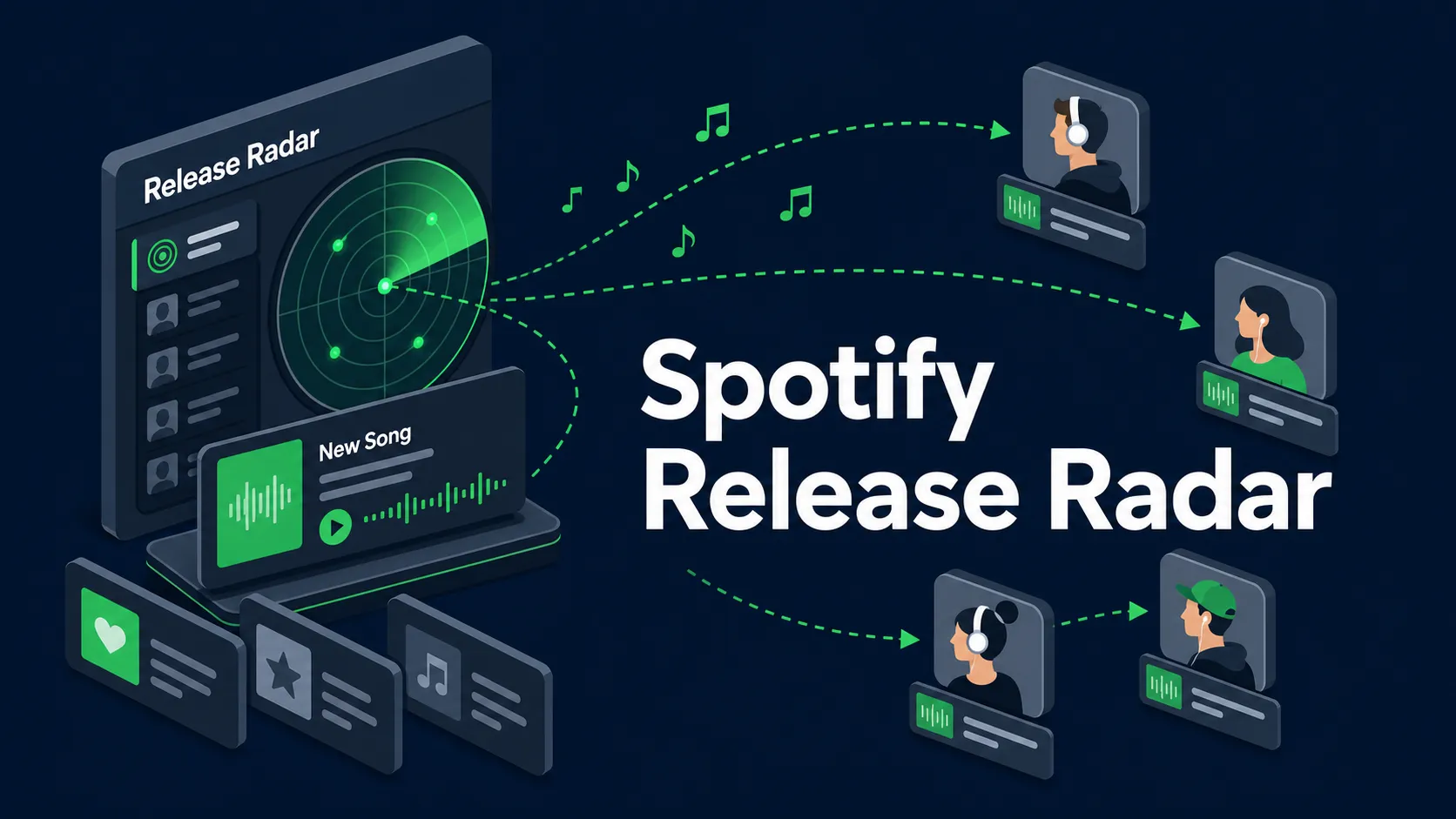 Flat isometric illustration of a Spotify Release Radar style dashboard showing a new song reaching listeners.