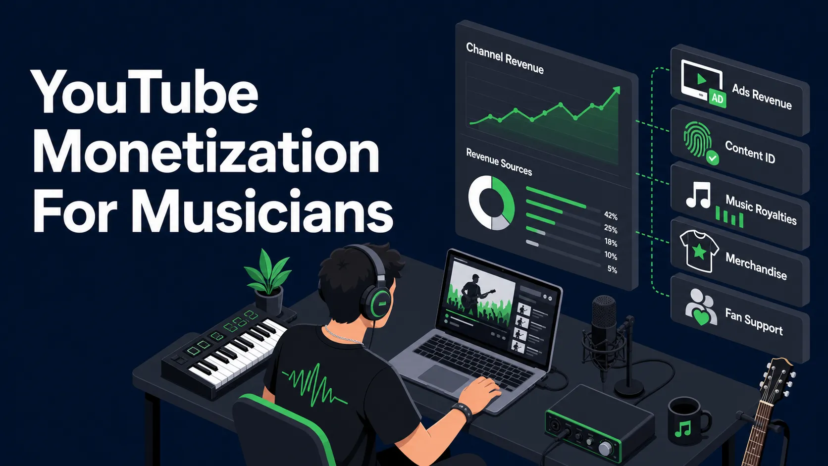 Flat isometric blog cover showing a musician at a studio desk tracking YouTube revenue, Content ID, music royalties, merch, and fan support.